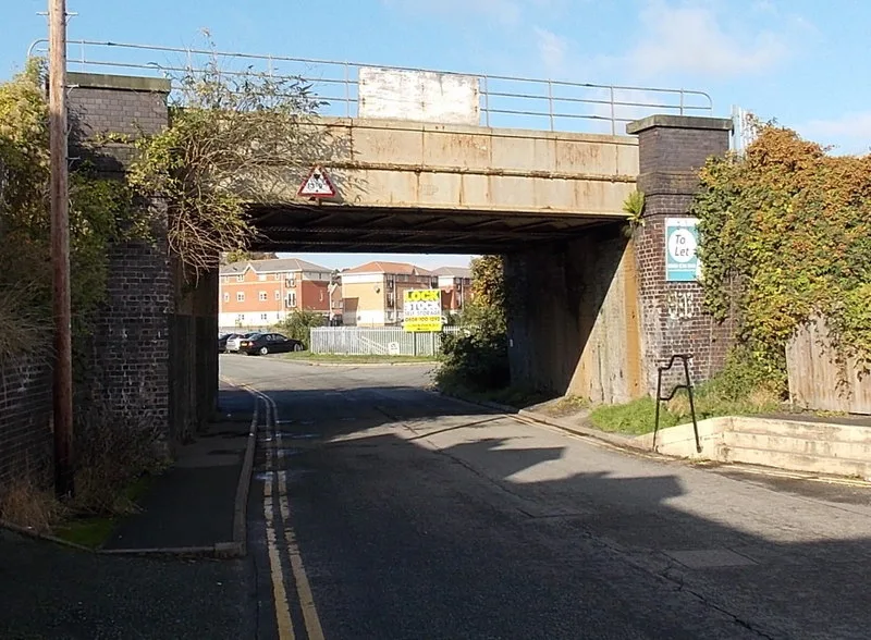 A railway under bridge on the west side of Castle Foregate, Shrewsbury, photographed in October 2013. The picture predates the current scheme and does not show the works