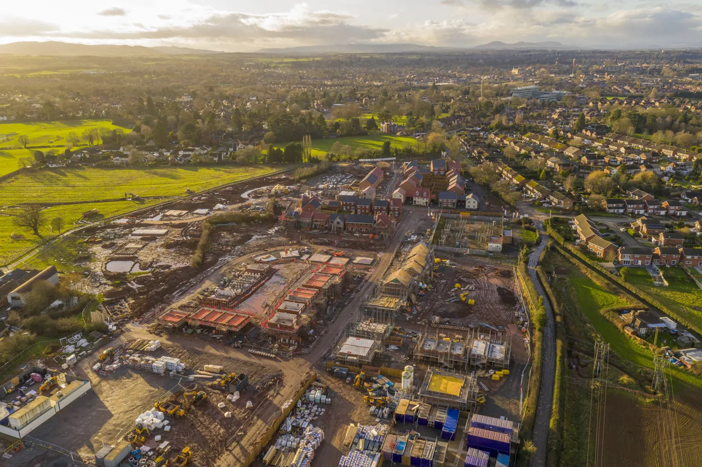New homes going up on the eastern edge of Shrewsbury, in the Abbey ward, photographed in 2024. This is not a Cornovii site