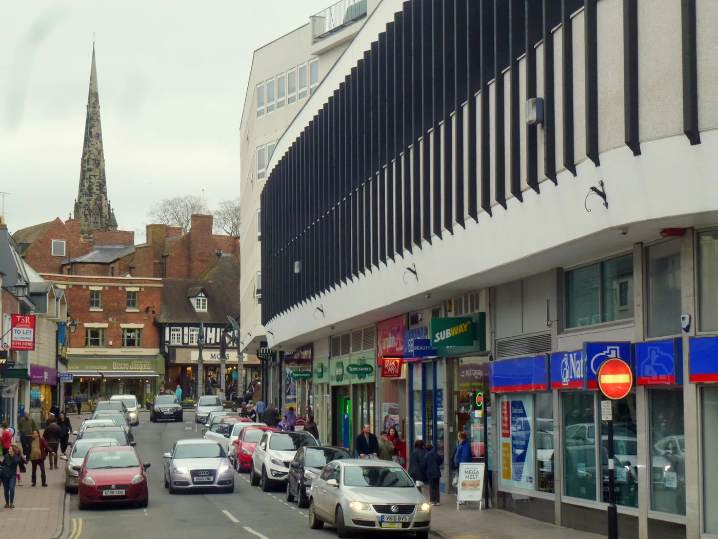 Claremont Street in Shrewsbury town centre, photographed in 2017. The rally's ceremonial start runs along this street on Saturday 19 September; the photo does not show the event