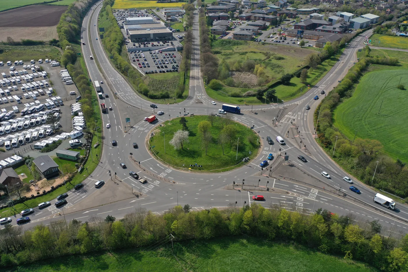 Emstrey Roundabout, where the A5 meets the B4380 about two miles south east of Shrewsbury, photographed in 2025. The proposed hub is at Emstrey Bank, off the A5; the exact plot has not been published
