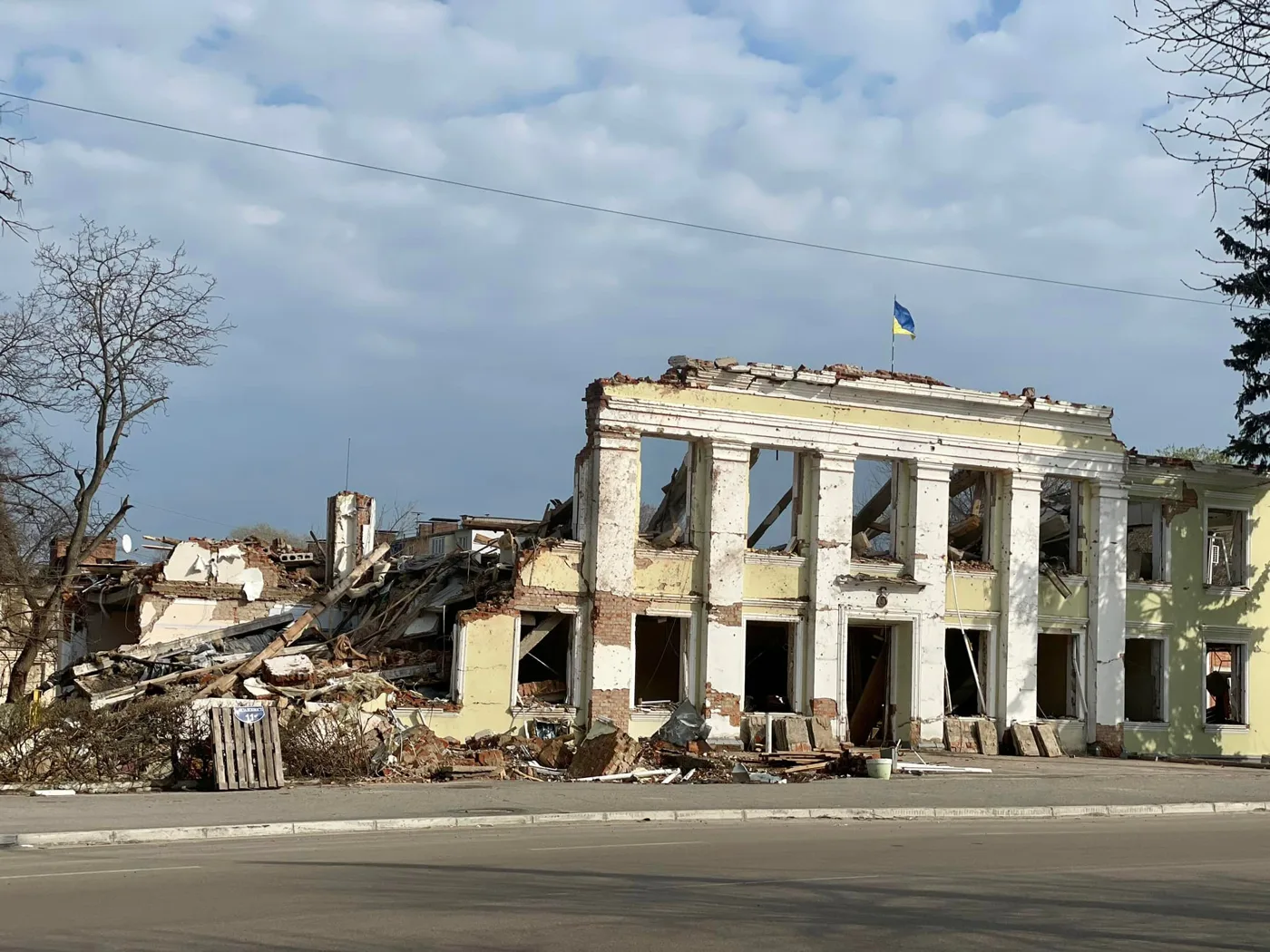 Okhtyrka City Council's building in April 2022, after the Russian attacks on the town in the first weeks of the full-scale invasion