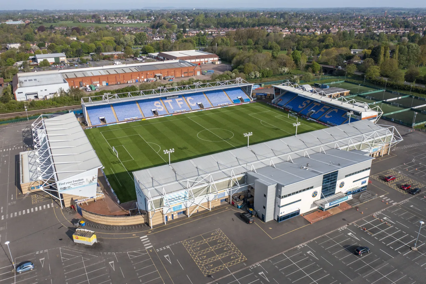 Shrewsbury Town's ground on Oteley Road, photographed in May 2023. The club now calls it the Croud Meadow
